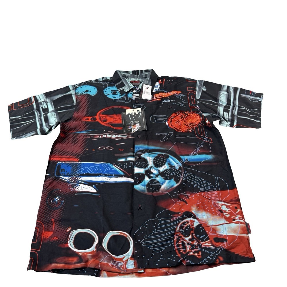 FUBU Mens Y2K Polyester Skater Hip Hop S/S AOP Button Front Shirt 2XL NWT F78007